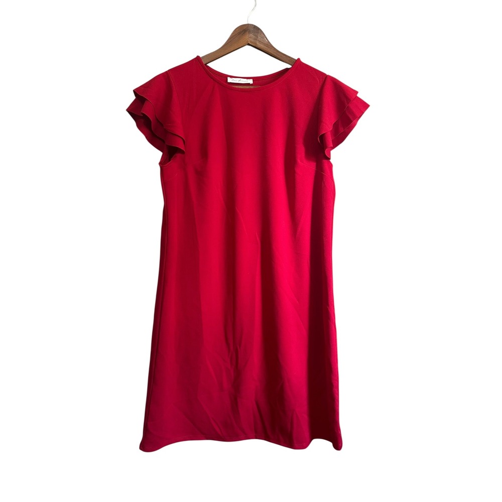 Ces Femme Red Dress Ruffle Sleeve Crew Neck Polyester Blend Women Large‎
